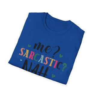 Unisex sarcastic humor t-shirt with witty "Me Sarcastic?" text and size guide table