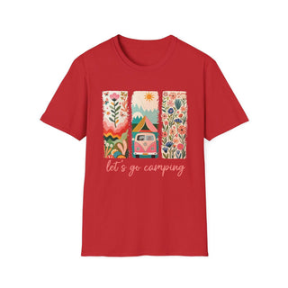 Red unisex softstyle t-shirt with colorful camping adventure design and "let's go camping" text.