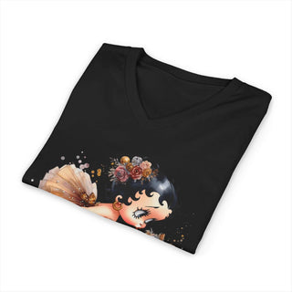 Betty Boop kissing puppy graphic on women's V-neck cotton t-shirt