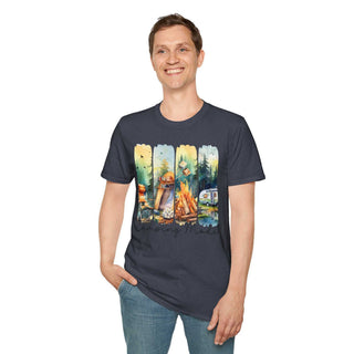 Man wearing dark gray Camping Adventure Unisex T-Shirt with colorful camping-themed graphic, paired with jeans.