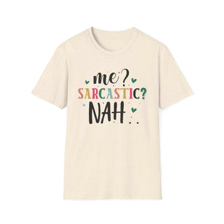 Unisex softstyle sarcastic humor t-shirt with "Me Sarcastic?" print, lightweight cotton, sizes S-3XL