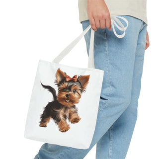 Yorkie puppy tote bag with hand-painted Yorkshire Terrier and red bow on white background