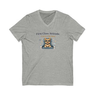 First Class Attitude V-neck t-shirt with confident dog artwork and lightweight cotton fabric