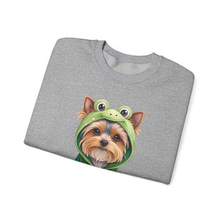 Embroidered Yorkie in frog costume on cozy crewneck sweatshirt