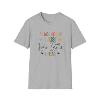 Unisex I'm Not Bossy V-neck t-shirt with empowering slogan, soft 100% cotton, available in sizes S-3XL