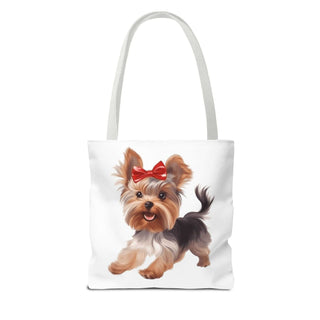 Yorkie puppy tote bag with hand-painted Yorkshire Terrier and red bow on white background