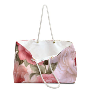 Peonies Weekender Bag with floral design and cotton rope handles, 24" x 13" spacious travel bag