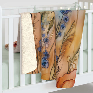 Cozy Poppy & Wildflower Sherpa Blanket with plush fleece and watercolor floral design, 50x60 inches