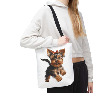 Yorkie puppy tote bag with hand-painted style Yorkie and red bow on white background, available in three sizes