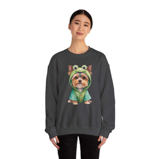 Embroidered Yorkie in frog costume on cozy crewneck sweatshirt