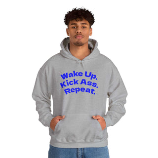 Black hoodie sweatshirt with "Wake Up. Kick Ass. Repeat." slogan in bold white font