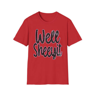 Red casual statement tee with "Well Sheeyit!" text design