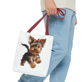 Yorkie Puppy Tote Bag with hand-painted Yorkshire Terrier and red bow on white background, durable polyester with boxed corners and cotton handles.