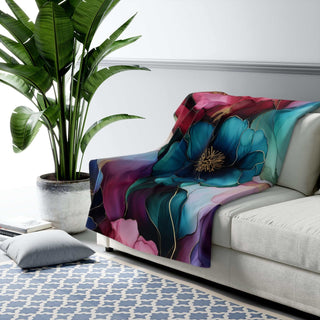 Jeweled Ombre Sherpa Blanket with floral print and plush sherpa fleece backside in rich jewel tones, 50x60 inches