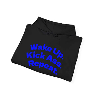 Black hoodie sweatshirt with Wake Up Kick Ass Repeat motto and kangaroo pocket