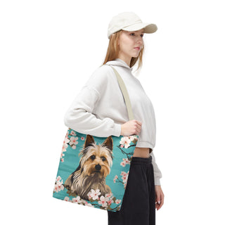 Yorkshire Beach Blue Yorkie Floral Tote Bag