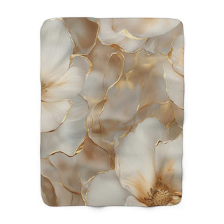 Neutral gold floral sherpa blanket with plush fleece and muted floral design