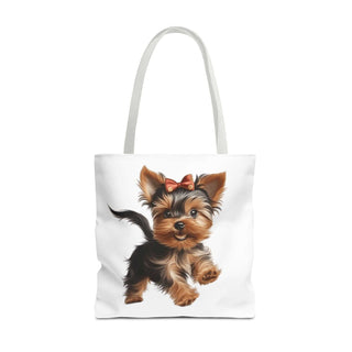 Yorkie puppy tote bag with hand-painted Yorkshire Terrier and red bow on white background