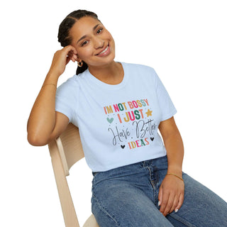 Unisex I'm Not Bossy V-neck t-shirt in white with empowering slogan, available in sizes S to 3XL.