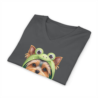 Yorkie in Frog Hoodie V-Neck T-Shirt