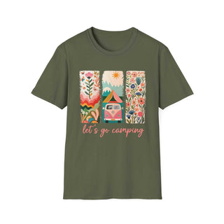 Unisex olive green Camping Adventure t-shirt with colorful nature and campervan design and "let's go camping" text
