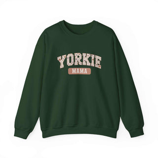 Cozy Yorkie Mom crewneck sweatshirt with embroidered detailing on soft fleece fabric