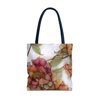 Vintage Peony Tote Bag with watercolor peony blooms and black handles, lightweight polyester tote