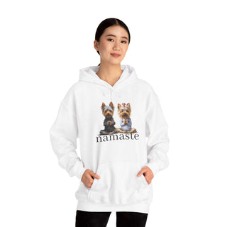 White Yoga Namaste Hoodie with Yorkshire Terriers and kangaroo pocket