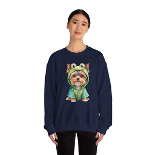 Embroidery of Yorkie in frog costume on cozy crewneck sweatshirt