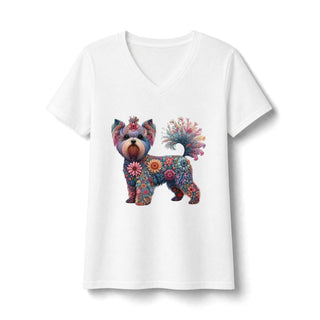 Floral Yorkshire Terrier V-Neck T-shirt