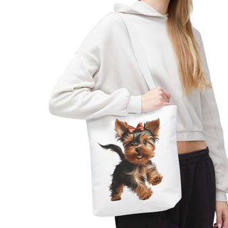 Yorkie puppy tote bag with hand-painted style Yorkshire Terrier and red bow on white background