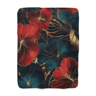 Lux Red & Teal Hibiscus Sherpa Blanket with vibrant floral print and plush sherpa backing, 50x60 inches