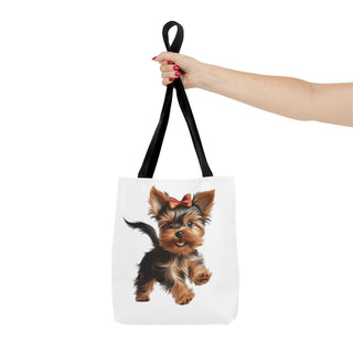 Yorkie puppy tote bag with hand-painted style Yorkshire Terrier and red bow on white background