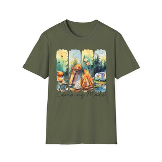 Unisex olive green Camping Adventure T-shirt with nature and campfire design