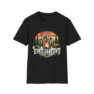 Black unisex t-shirt with colorful campfire and outdoor adventure graphic and text "Life is Better by the Campfire".