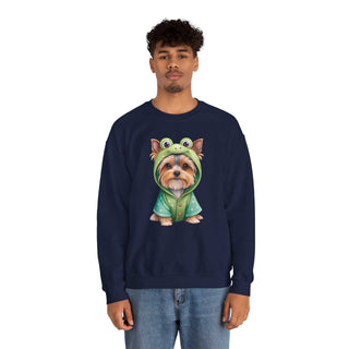 Embroidered Yorkie in frog costume on cozy crewneck sweatshirt