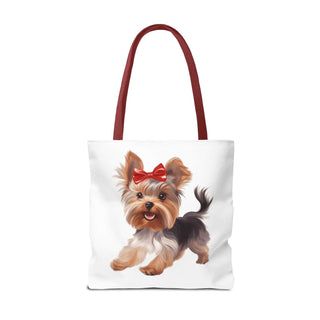 Yorkie puppy tote bag with hand-painted Yorkshire Terrier and red bow on white background, available in three sizes with durable polyester and reinforced handles