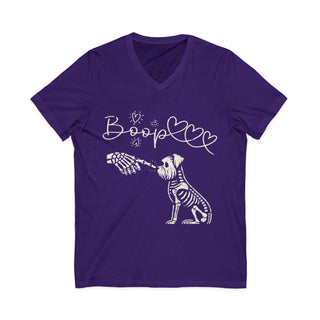 Boop Skeleton Dog V-neck t-shirt with cheeky skeleton dog graphic on soft cotton fabric