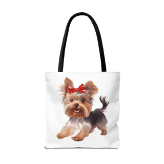 Yorkie puppy tote bag with hand-painted Yorkshire Terrier and red bow on white background