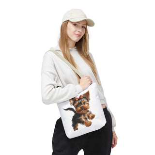 Yorkie puppy tote bag with hand-painted Yorkshire Terrier and red bow on white background