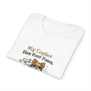 My Copilot Has Four Paws V-neck t-shirt with relaxed dog design and lightweight cotton fabric