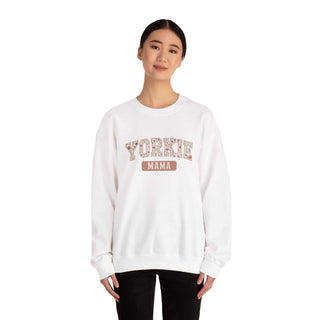 Cozy Yorkie Mom Crewneck sweatshirt with embroidered design, soft fleece, and durable stitching for dog lovers.