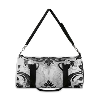 Stylish duffel bag with black and white gothic design, adjustable shoulder strap, durable polyester material, and multiple compartments.