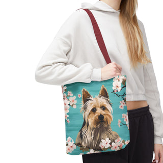 Yorkshire Beach Blue Yorkie Floral Tote Bag