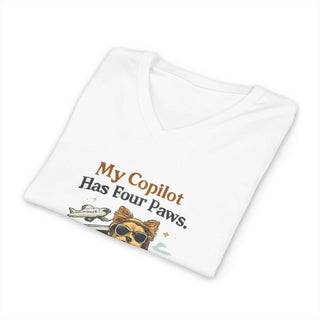 My Copilot Has Four Paws V-neck t-shirt featuring relaxed dog artwork, lightweight cotton, and retail fit