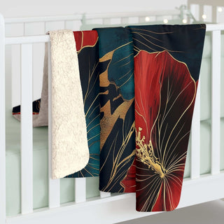 Lux Red & Teal Hibiscus Sherpa Blanket with plush floral print and velvety sherpa backside, 50x60 inches