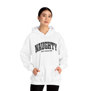 Naughty But Nice-ish Hoodie sweatshirt with adjustable hood and kangaroo pocket, cozy cotton-poly blend for adults